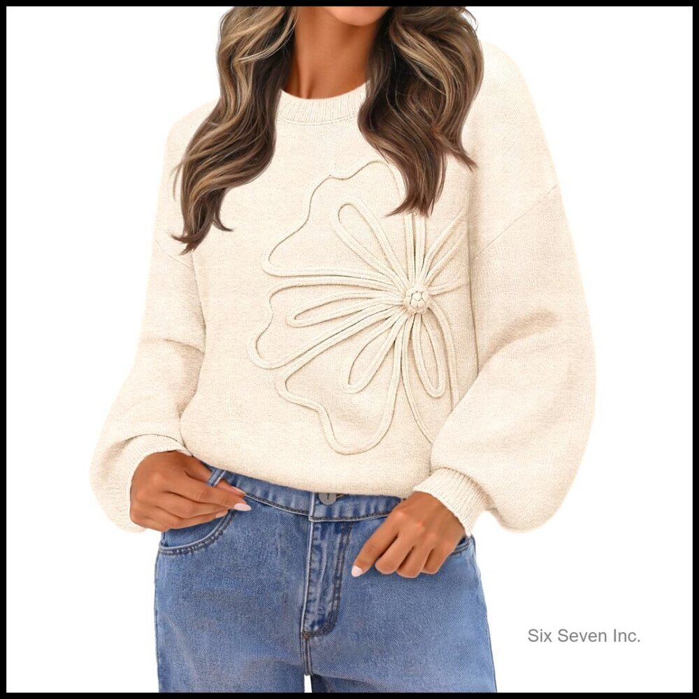 Floral Chunky Knit Sweater Oversized Lantern Sleeve Pullover Fall Winter Warm